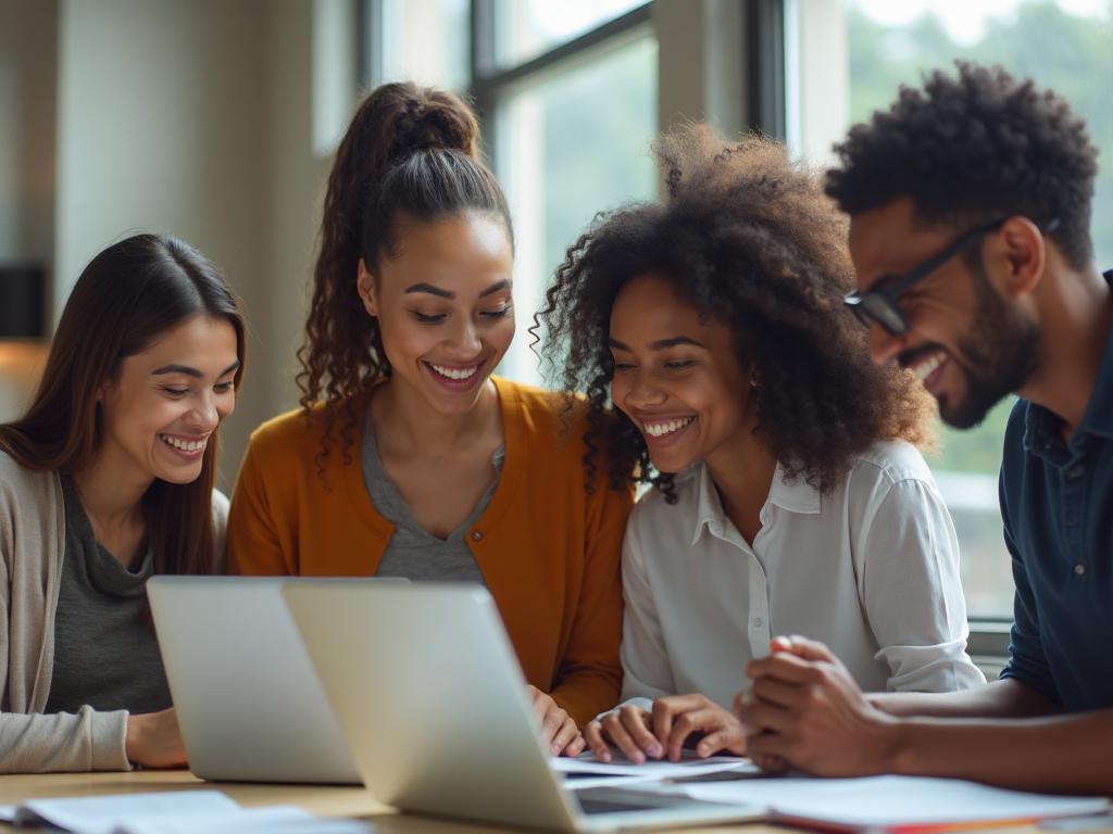 A diverse group of students learning together around a laptop