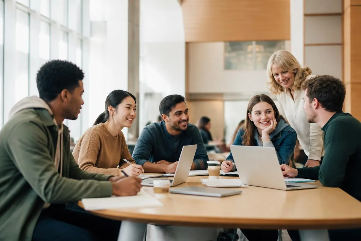 A globally diverse team sharing ideas around a table