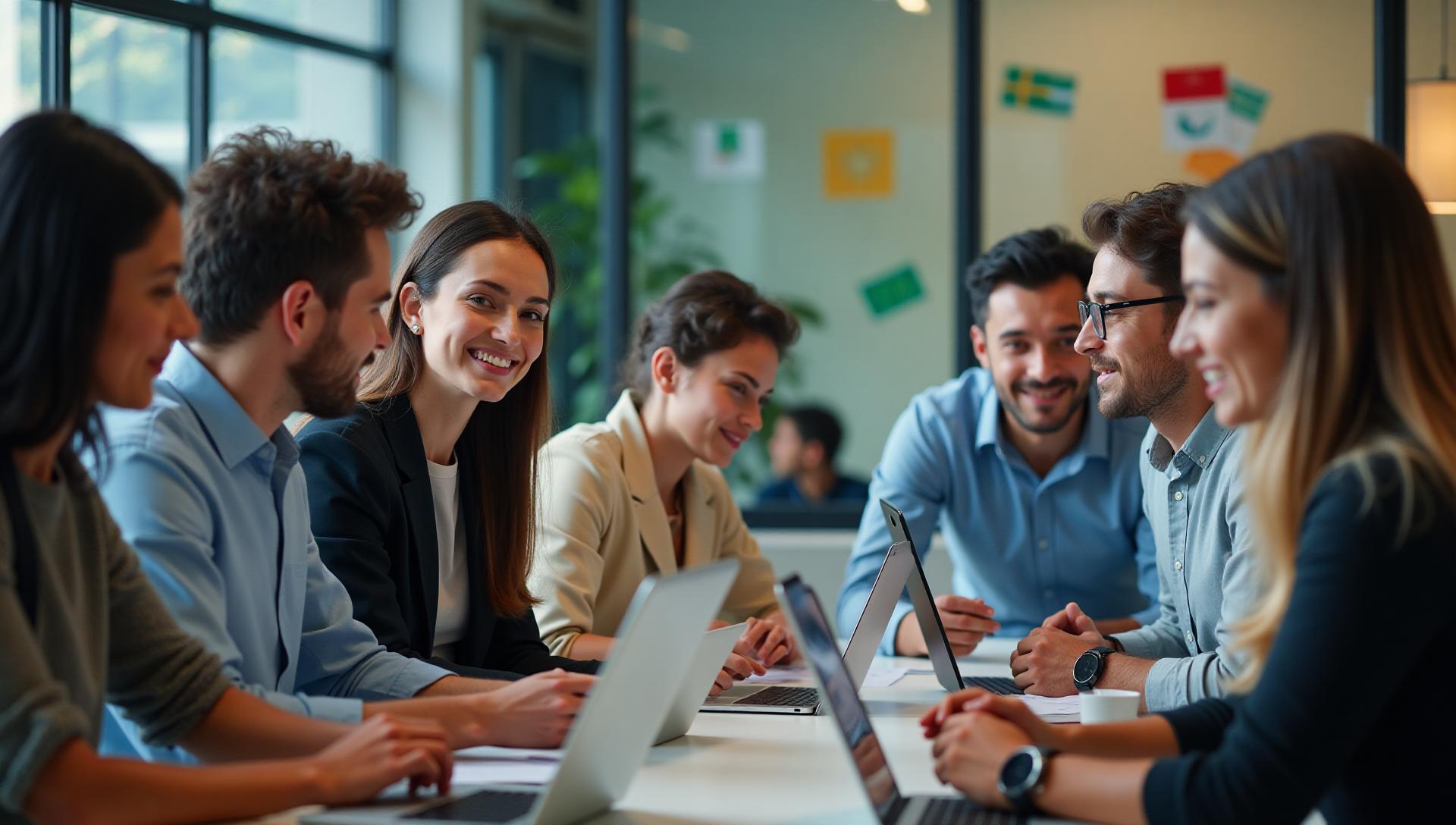 A diverse group of university students collaborating around a table